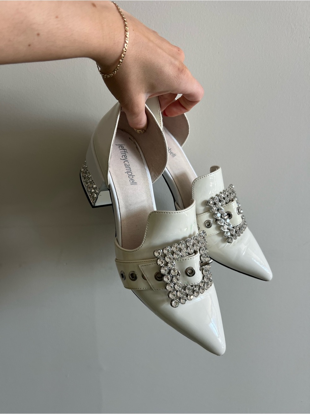 Jeffrey Campbell White Patent Pointed Mules with Crystal Buckle
